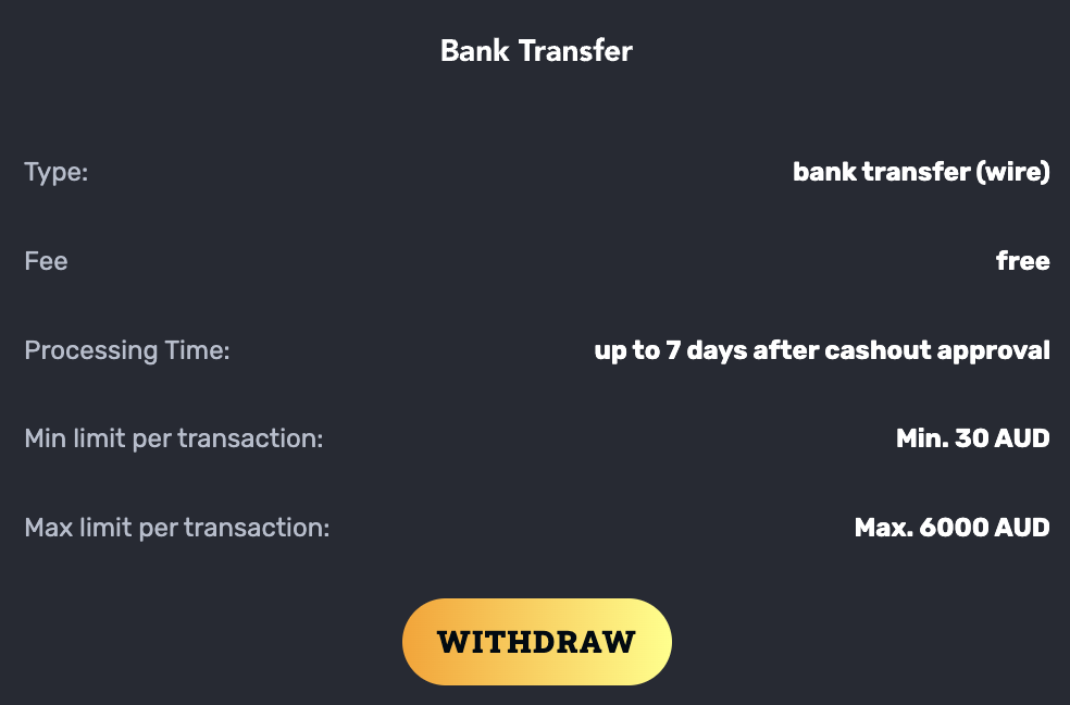 Bank Transfer withdrawal method at RocketPlay Casino