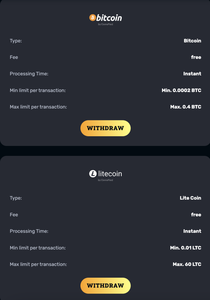 Bitcoin, Altcoins withdrawal methods at RocketPlay Casino