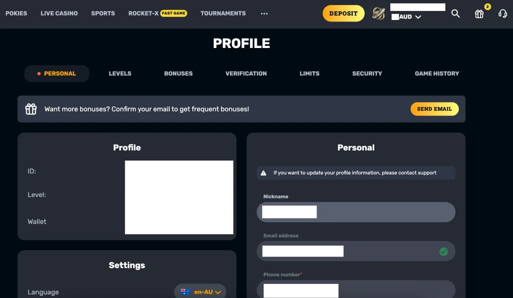User interface personal account at RocketPlay