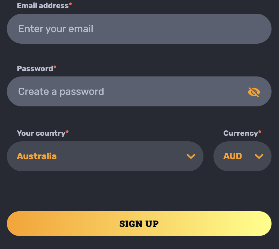 Registration form at Rocket Play Casino